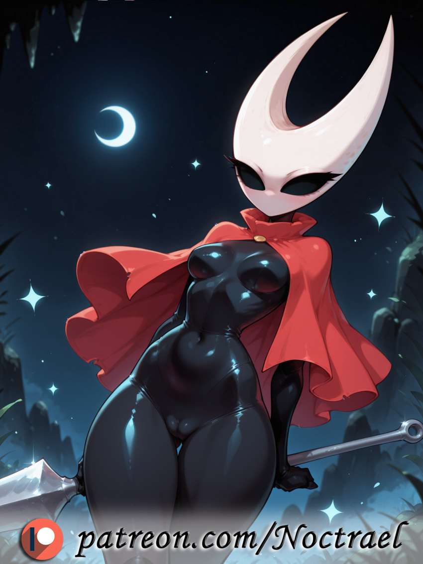 1girls ai_generated black_bodysuit black_latex bodysuit camel_toe cameltoe female female_only hollow_eyes hollow_knight:_silksong hornet_(hollow_knight) latex latex_clothing latex_suit mask noctrael noctrael_ferubaloci patreon png red_cape self_upload solo tagme