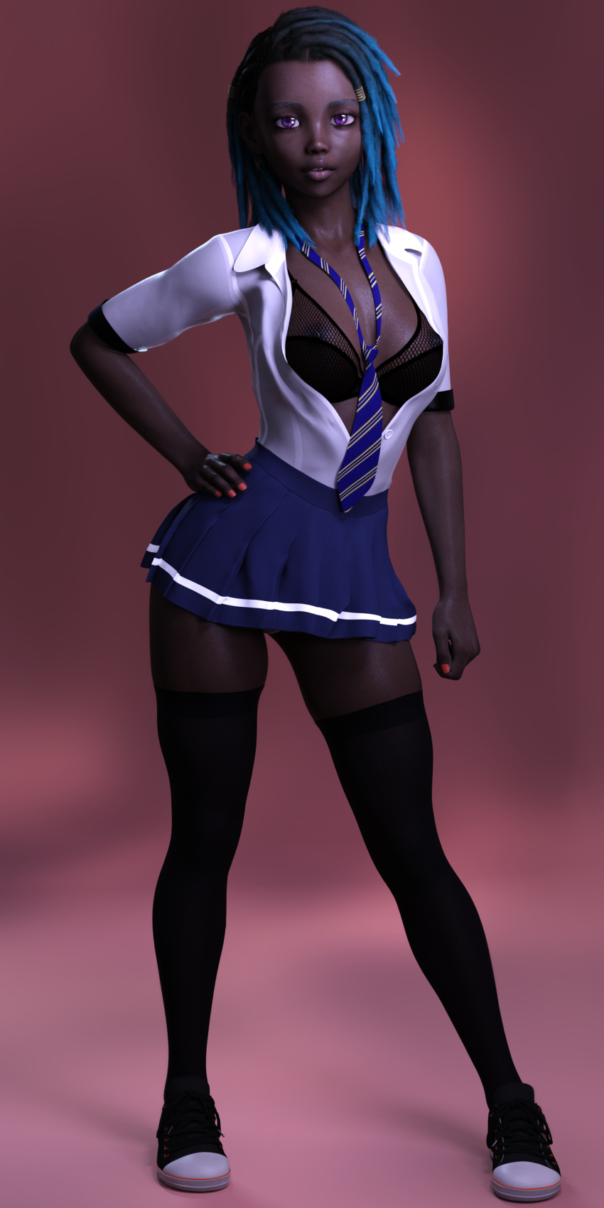 Rule 34 1girls 3d blue hair bra damz dark skinned female  